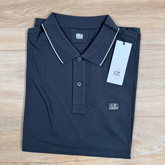 CP Company Stretch Piquet Striped Collar Polo Shirt in Black Sand Castmark