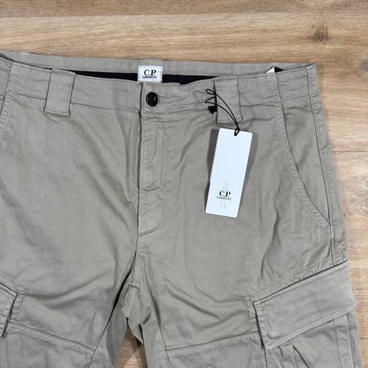 CP Company Stretch Sateen Lens Cargo Shorts in Vintage Khaki Castmark