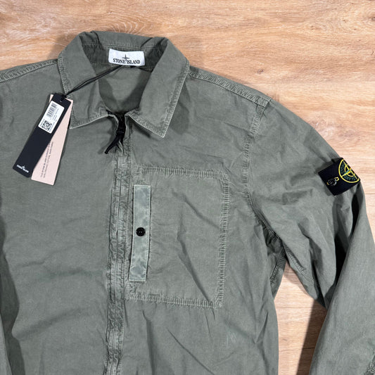 Stone Island Brushed Canvas Old Treatment Overshirt in Musk Green Castmark