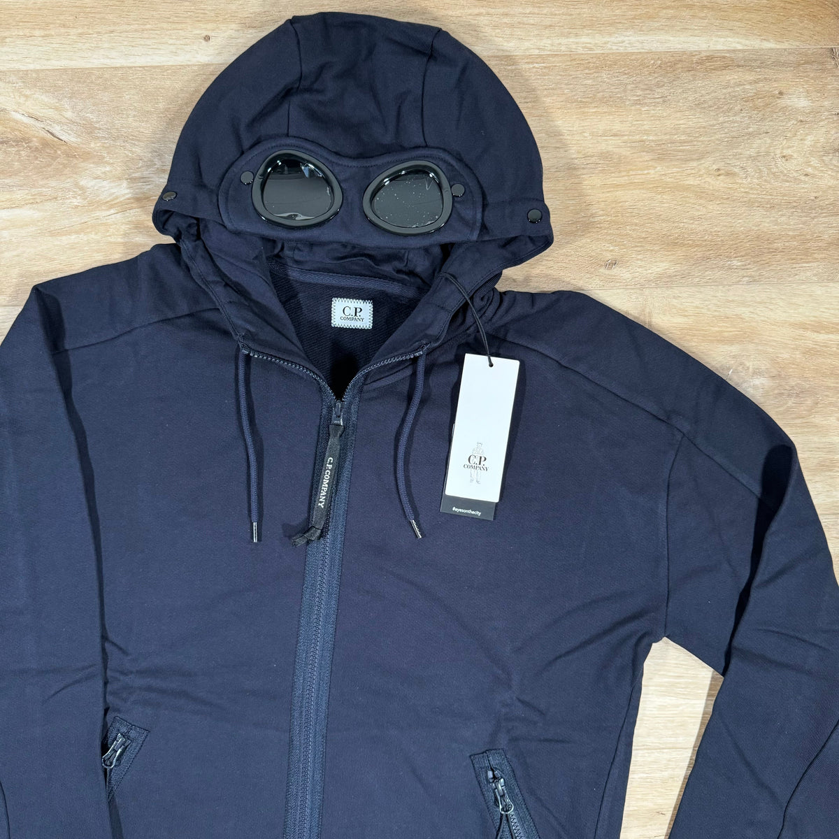 CP Company Diagonal Raised Zipped Goggle Hoodie in Navy Castmark