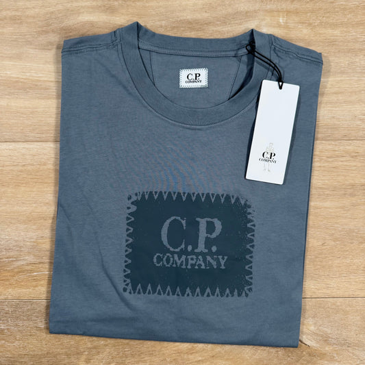 CP Company Stitch Block Logo T-Shirt in Stormy Weather - Blue Castmark
