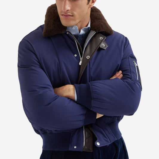Brunello Cucinelli Stretch Bonded Nylon Down Shearling-Lined Collar Jacket