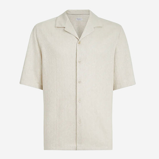 Brunello Cucinelli Linen And Cotton Chevron Camp Collar Shirt