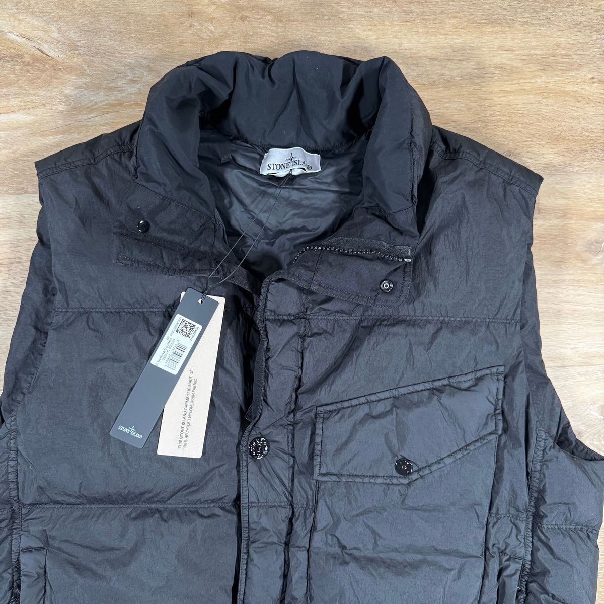 Stone Island Crinkle Reps NY Nylon Down Vest in Black Castmark