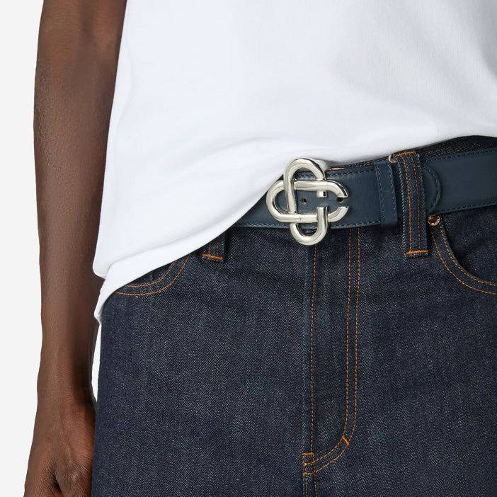Casablanca Navy & Silver Classic Leather CC Logo Belt
