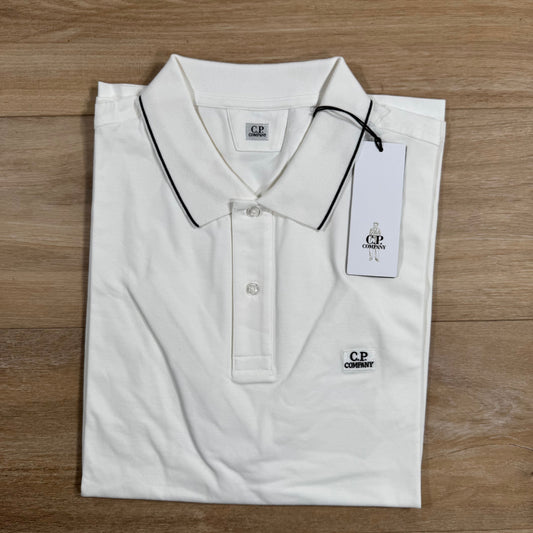 CP Company Stretch Piquet Striped Collar Polo Shirt in Gauze White Castmark