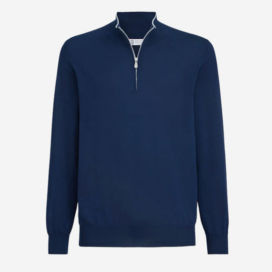 Brunello Cucinelli Sea Island Cotton & Cashmere Lightweight Half Zip Knitwear