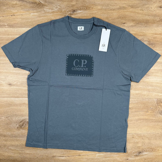 CP Company Stitch Block Logo T-Shirt in Stormy Weather - Blue Castmark