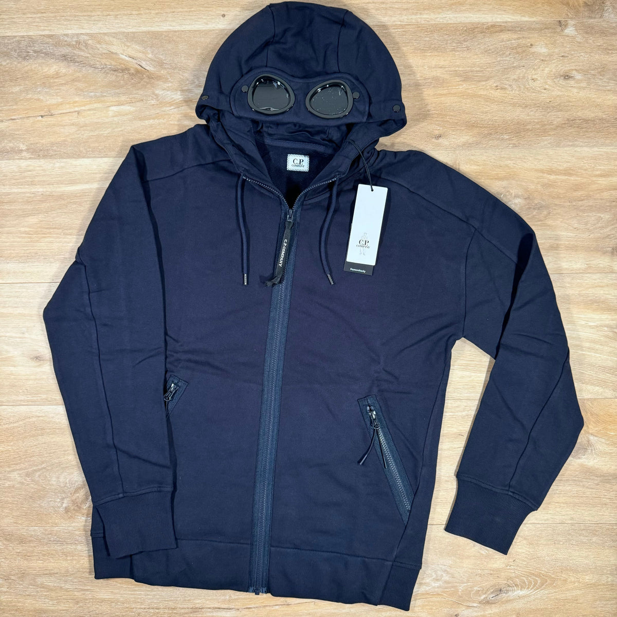 CP Company Diagonal Raised Zipped Goggle Hoodie in Navy Castmark