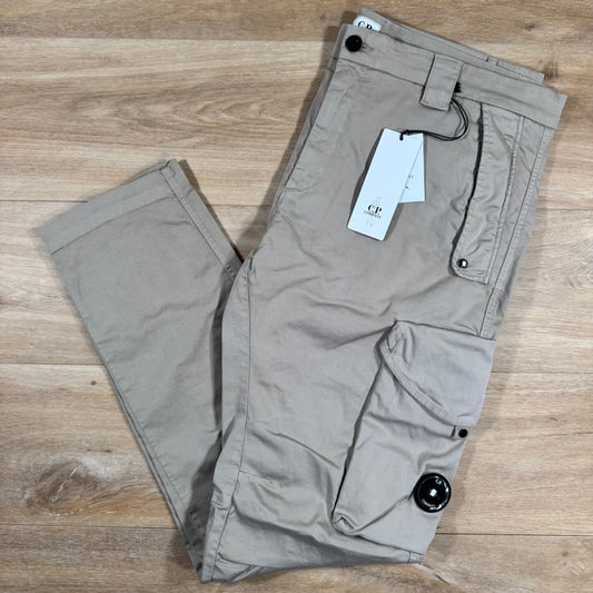 CP Company Stretch Sateen Utility Cargo Lens Pants in Vintage Khaki Castmark