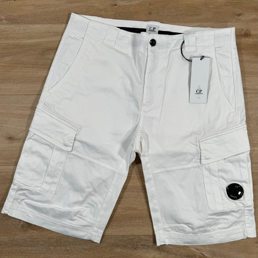 CP Company Stretch Sateen Lens Cargo Shorts in Gauze White Castmark