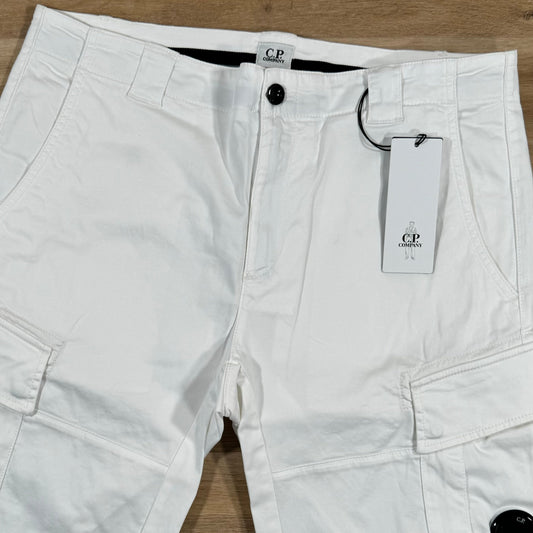 CP Company Stretch Sateen Lens Cargo Shorts in Gauze White Castmark