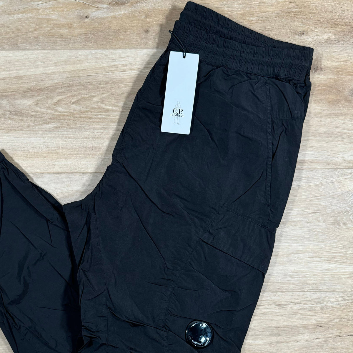 CP Company Chrome Nylon Cargo Pants in Black Castmark