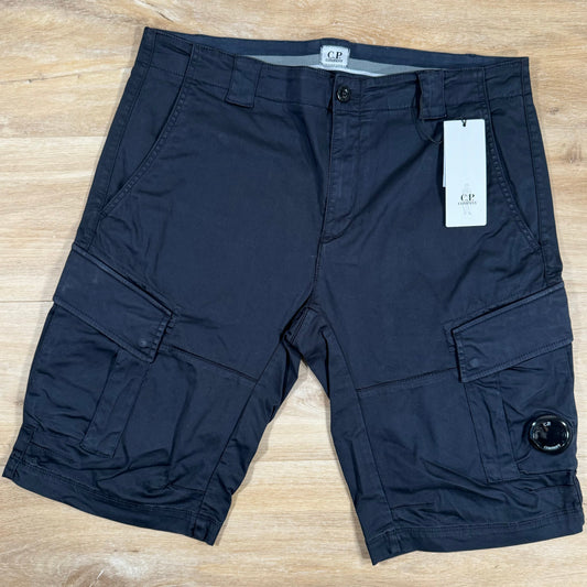 CP Company Stretch Sateen Lens Cargo Shorts in Navy Castmark