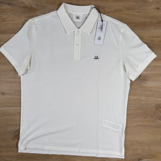 CP Company Stretch Piquet Logo Polo Shirt in Gauze White Castmark