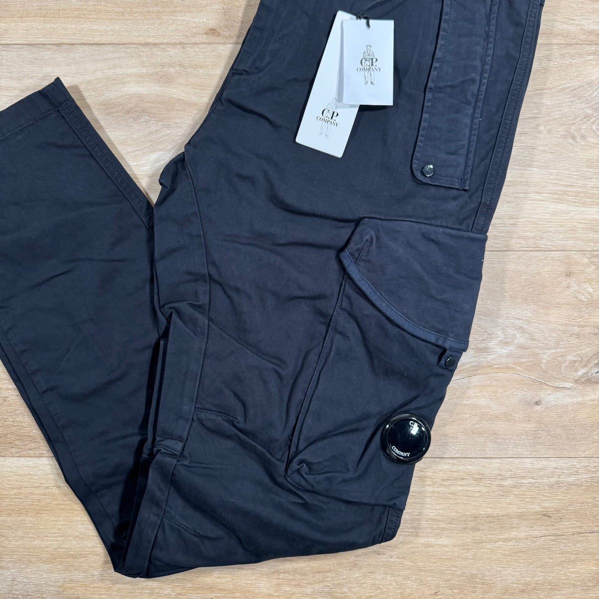 CP Company Stretch Sateen Utility Cargo Lens Pants in Navy Castmark