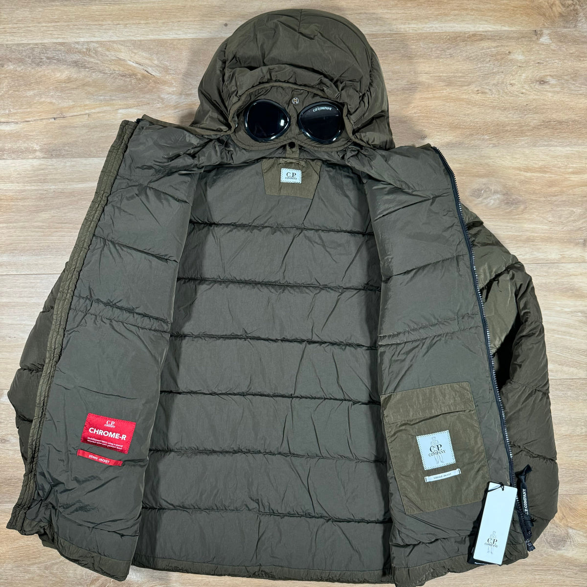 CP Company Chrome-R Goggle Down Jacket in Ivy Green Castmark