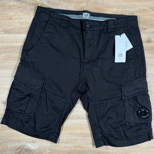 CP Company Stretch Sateen Lens Cargo Shorts in Black Castmark