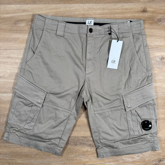 CP Company Stretch Sateen Lens Cargo Shorts in Vintage Khaki Castmark