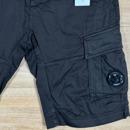 CP Company Stretch Sateen Lens Cargo Shorts in Black Castmark