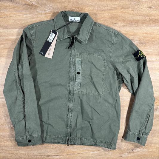 Stone Island Brushed Canvas Old Treatment Overshirt in Musk Green Castmark