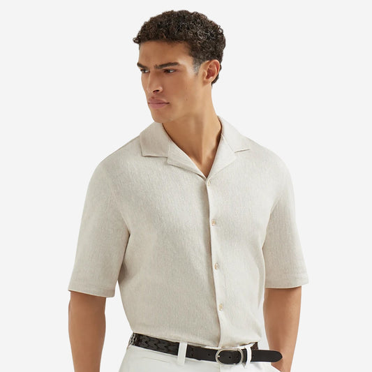 Brunello Cucinelli Linen And Cotton Chevron Camp Collar Shirt