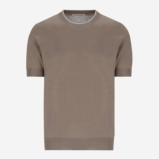 Brunello Cucinelli Cotton Lightweight Knit Contrast Detail T-Shirt
