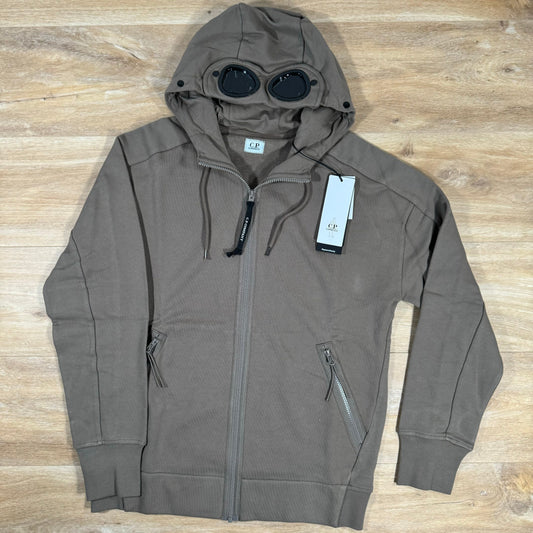 CP Company Diagonal Raised Zipped Goggle Hoodie in Walnut Castmark