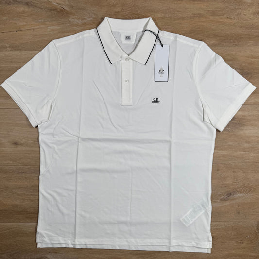 CP Company Stretch Piquet Striped Collar Polo Shirt in Gauze White Castmark