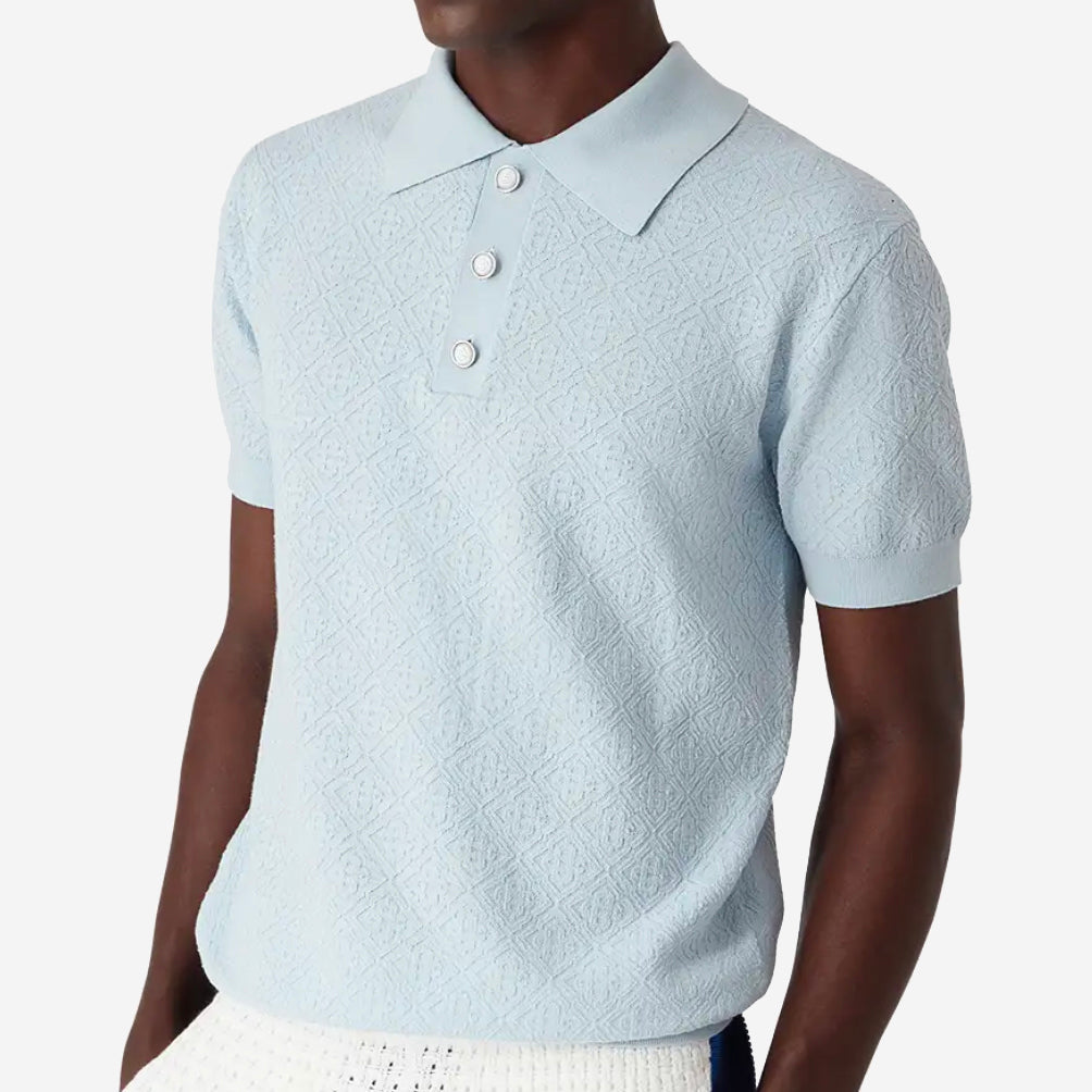 Casablanca Blue Pointelle Monogram Short Sleeve Polo Shirt