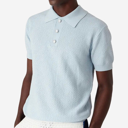 Casablanca Blue Pointelle Monogram Short Sleeve Polo Shirt