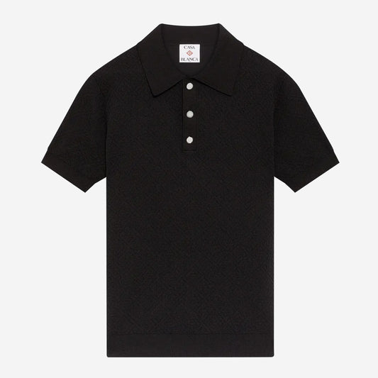 Casablanca Black Pointelle Monogram Short Sleeve Polo Shirt