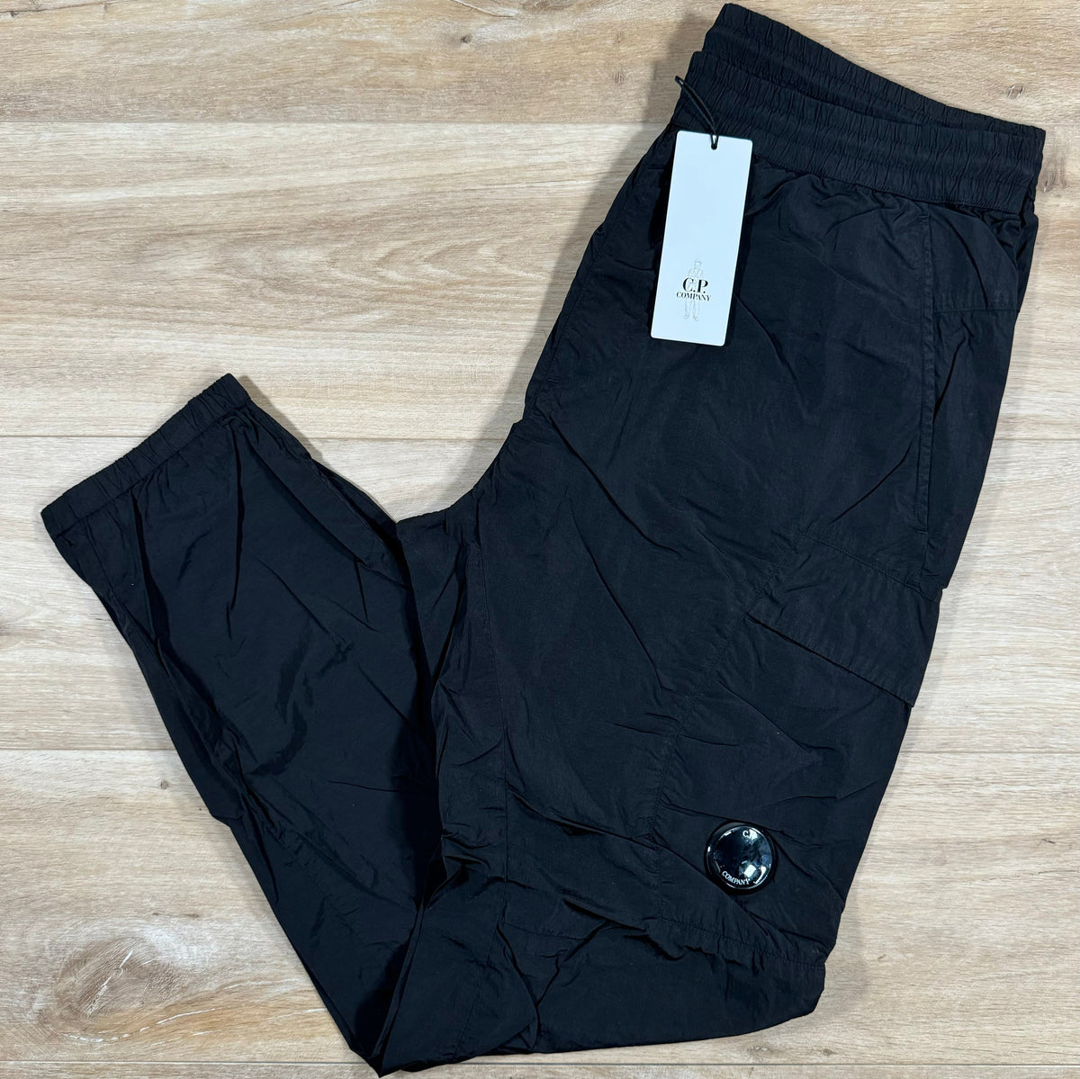 CP Company Chrome Nylon Cargo Pants in Black Castmark