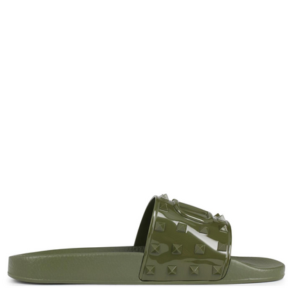 Valentino Khaki Logo Embossed Rubber Sliders