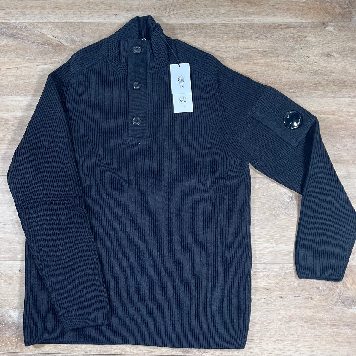 CP Company Full Rib Half-Button Lens Sweater in Black Castmark