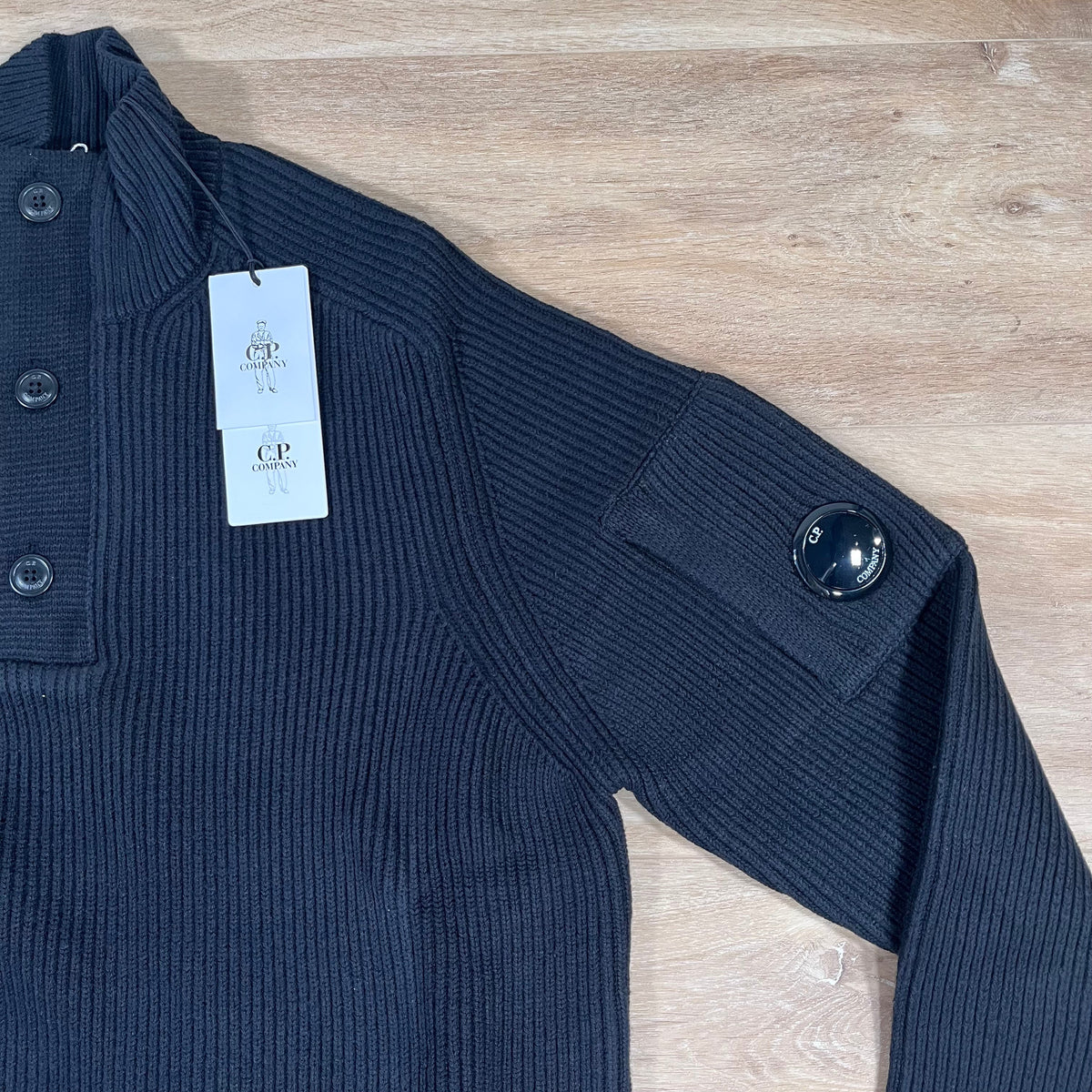 CP Company Full Rib Half-Button Lens Sweater in Black Castmark