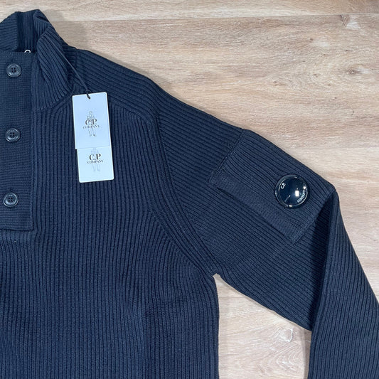 CP Company Full Rib Half-Button Lens Sweater in Black Castmark