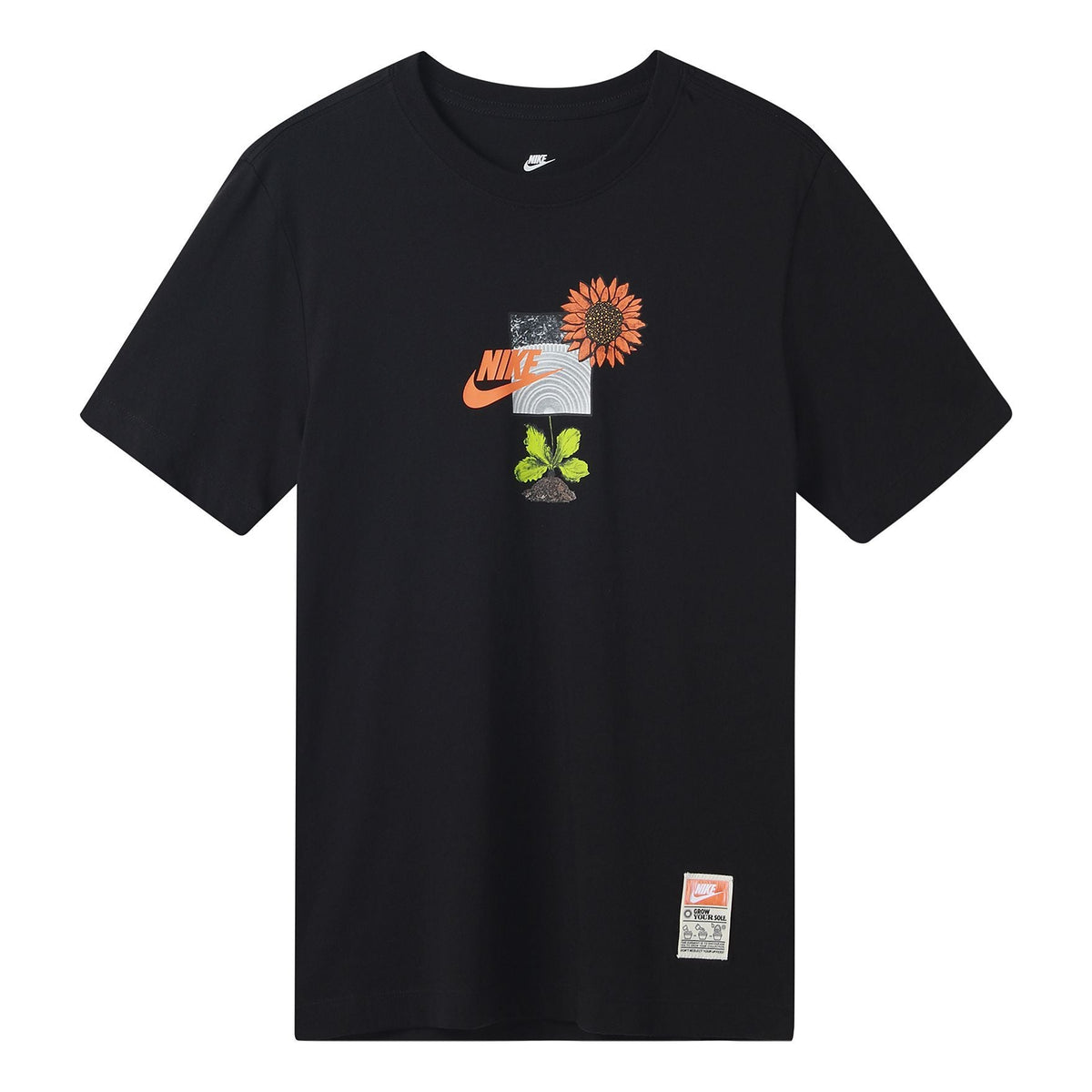 Men's Nike Logo Plant Pattern Printing Round Neck Casual Short Sleeve Black T-Shirt DQ1034-010