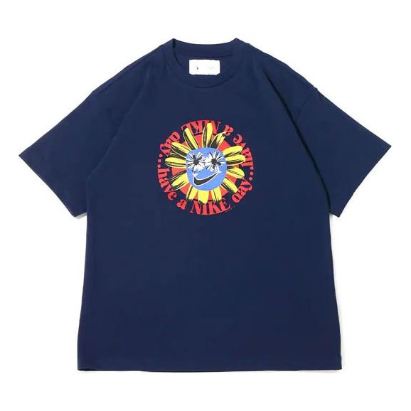 Nike Cartoon Flowers Logo Pattern Printing Round Neck Short Sleeve Blue DV0683-419