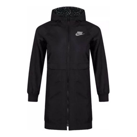 (GS) Nike Logo Printing Fleece Hooded Mid-Length Sports Girls Black Jacket BV3058-010