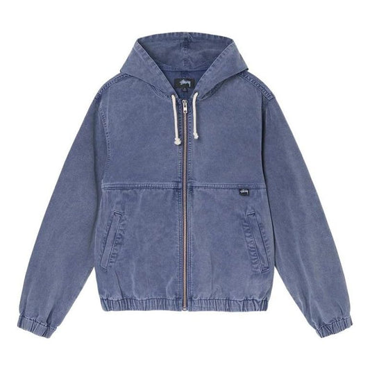 Men's Stussy SS22 Stone Washed Work Jacket Blue Metallic Zipper Hooded Jacket 115632