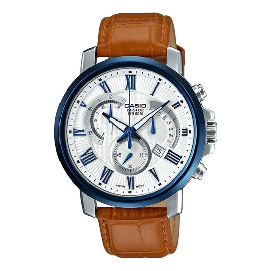 Men's CASIO Quartz Watch Leather Strap White Dial Analog Mens BEM-520BUL-7A2